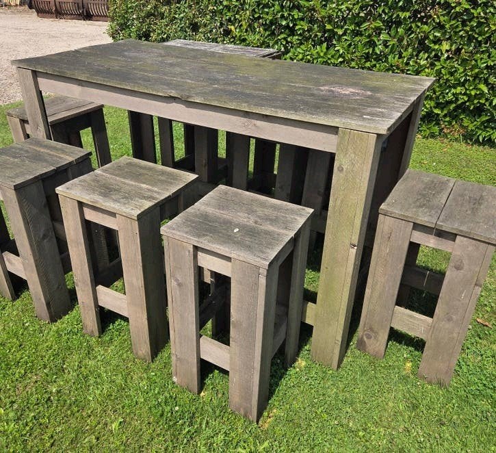 Houten bartafel met 8 krukken statafel tuinset, Ophalen, Gebruikt, Hout