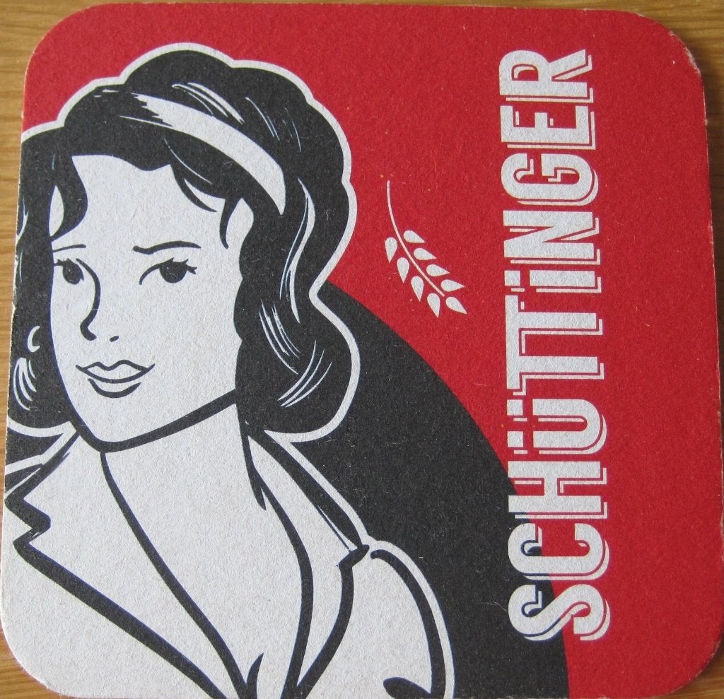 twee bierviltjes van Schüttinger - vrouw met dienblad, Ophalen of Verzenden, Zo goed als nieuw, Viltje(s), Overige merken