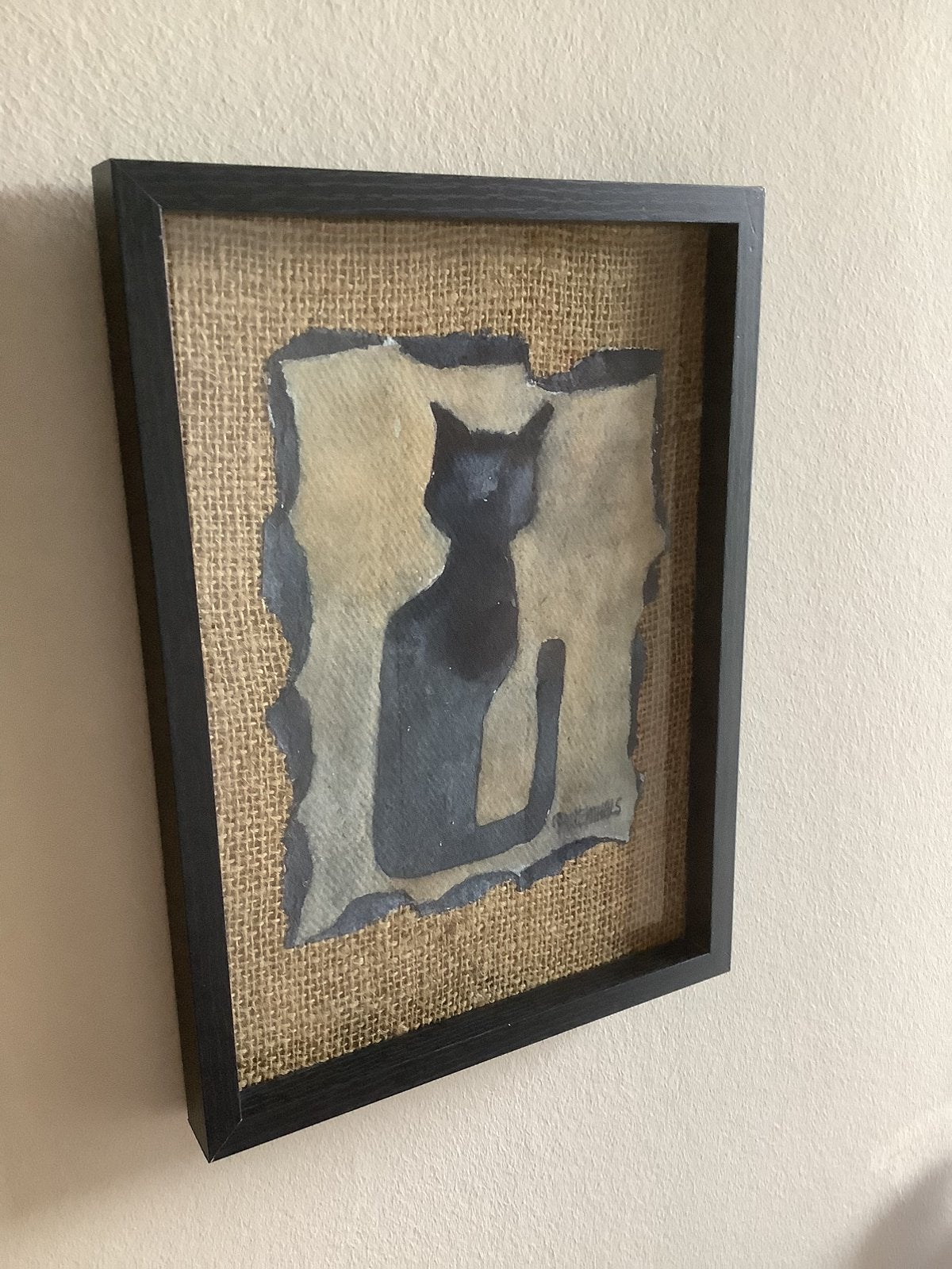 Kat , op jute, in lijst, 23/32 c.m. Techniek inkt, Ophalen of Verzenden, Schilderij, Overige technieken, Handgemaakt