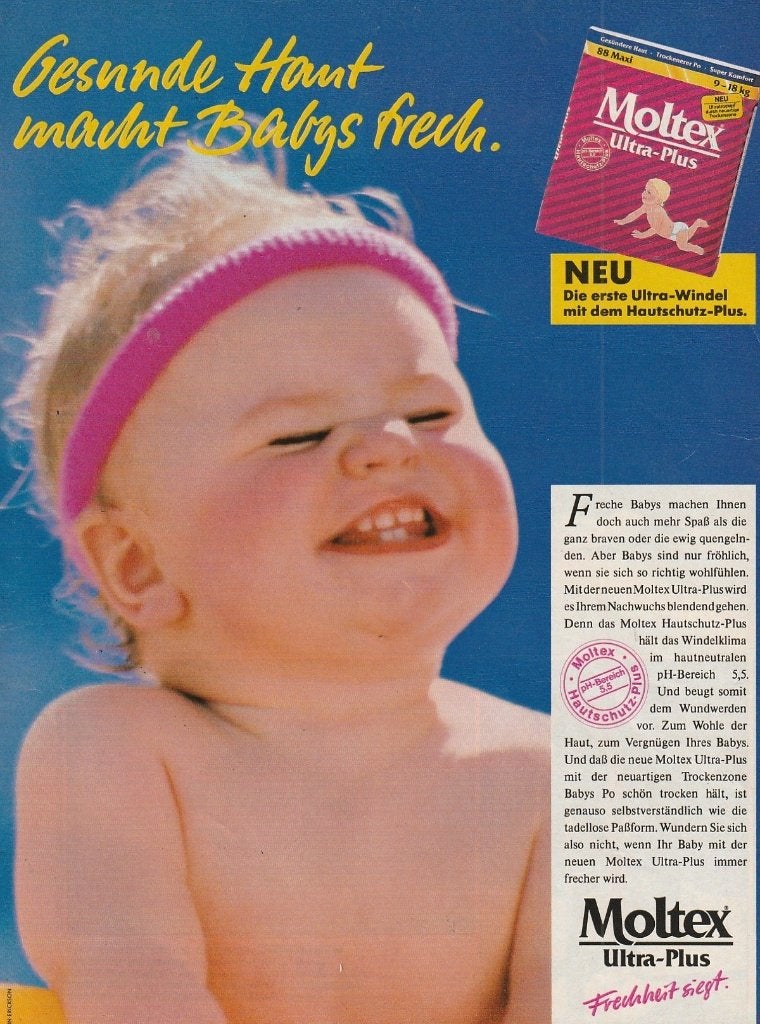 retro reclame 1989 Moltex baby luiers ultra plus meisjes, Verzenden, Overige typen