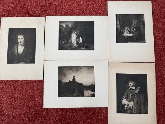 Vijf reproducties van etsen Rembrandt, Ophalen, 36 cm, 25 cm, Overige technieken