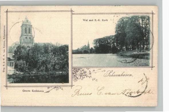 Schoonhoven 2 afb. S&W N v. Nooten st 1901, Verzamelen, Ansichtkaarten | Nederland, Verzenden, Voor 1920, Gelopen, Zuid-Holland