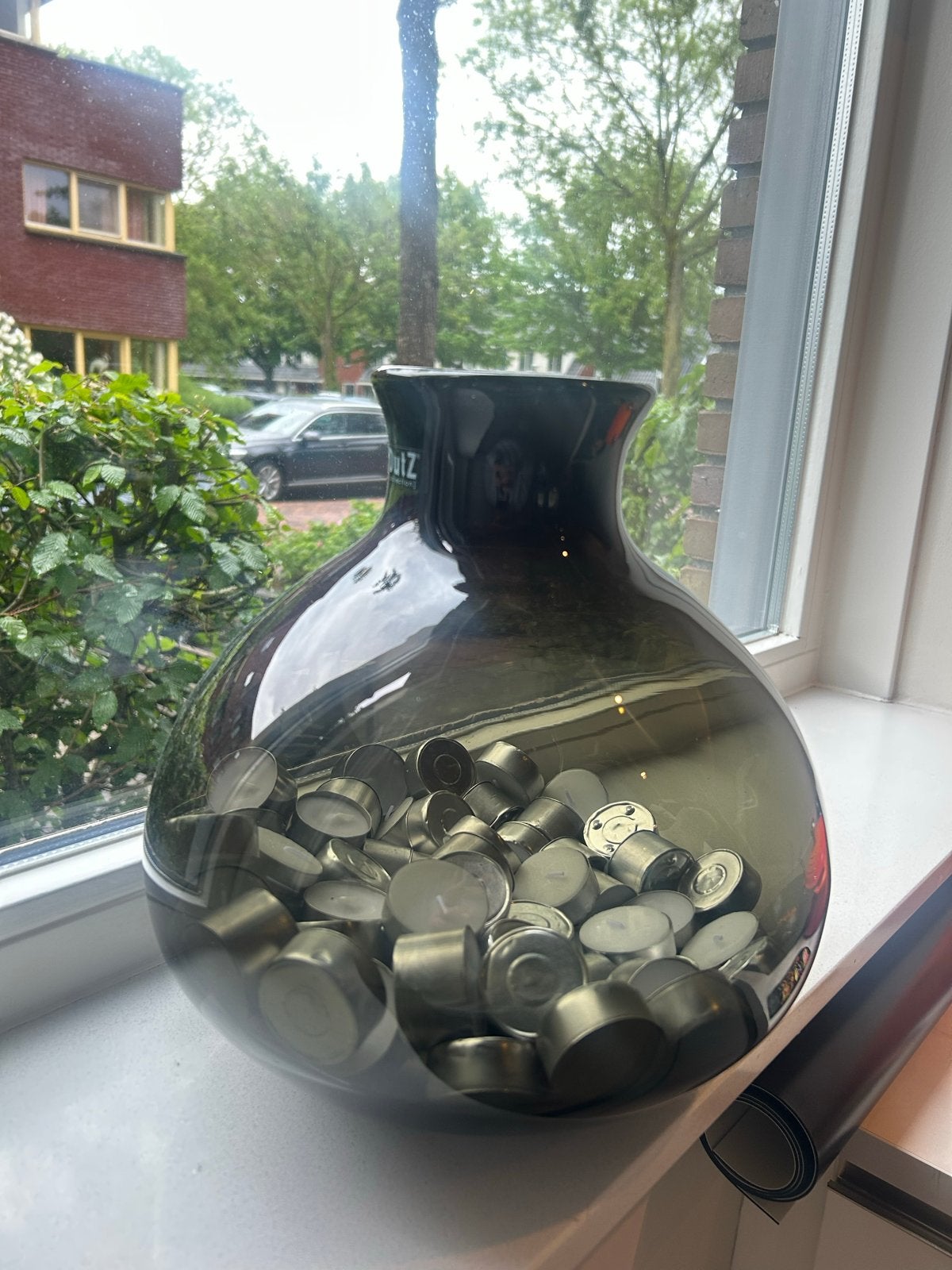 Dutz ballon vaas - grijs/zwart met groenige tint, Ophalen, Gebruikt, Overige kleuren, Glas