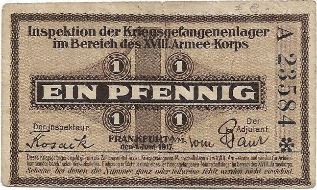 WOI kampgeld Frankfurt 1 pfennig 1917 POW, Postzegels en Munten, Bankbiljetten | Europa | Niet-Eurobiljetten, Los biljet, Duitsland