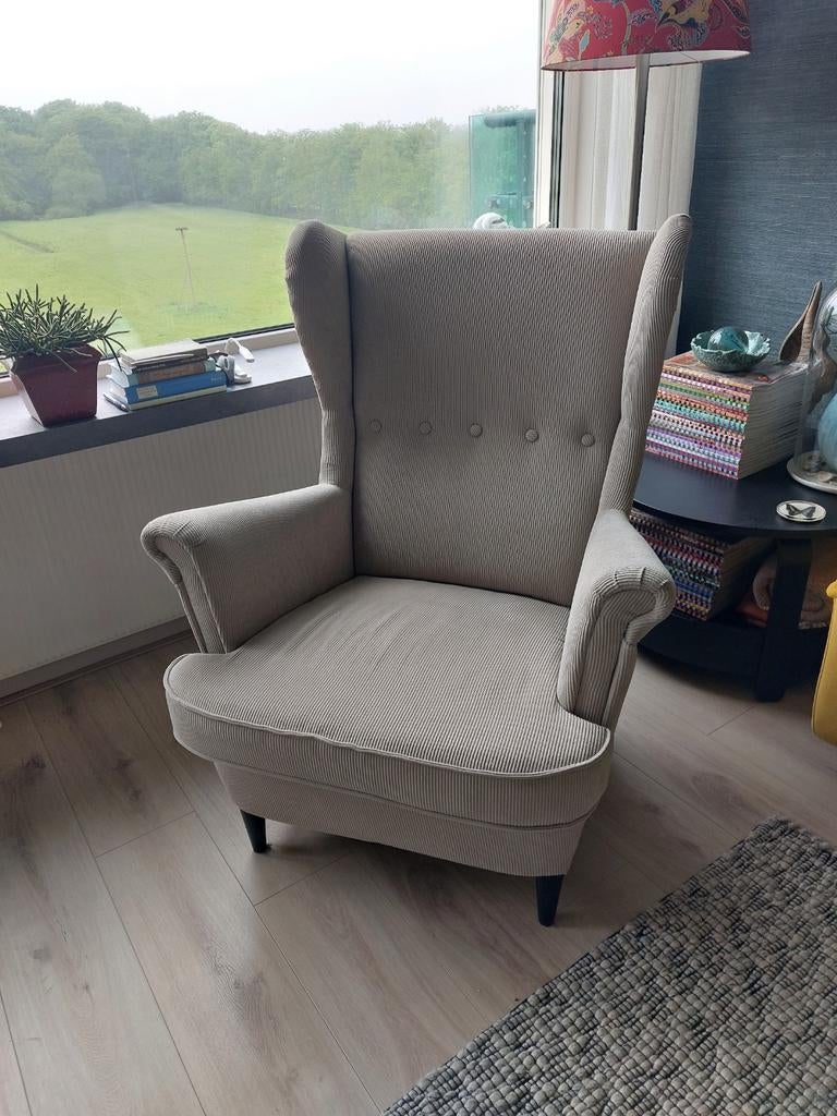 Fauteuil ribstof zandkleur, Ophalen, Klassiek, 75 tot 100 cm, Zo goed als nieuw