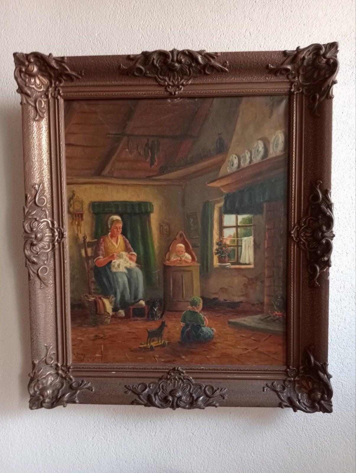 Klassiek olieverfschilderij: Moeder en kinderen bij haard, Antiek en Kunst, Ophalen