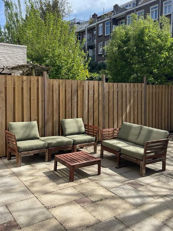 Houten loungeset en eettafelset met kussens (moet weg), Tuin en Terras, Ophalen, Gebruikt, Meer dan 8 zitplaatsen, Tuinset
