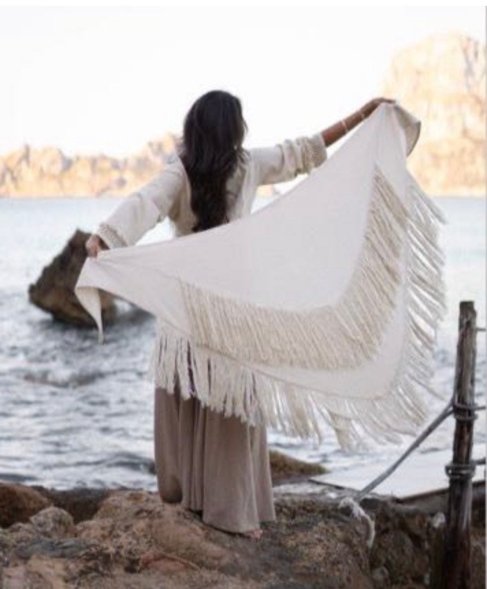 Ibiza mode Pareo fringe ecru katoen, Verzenden, Nieuw, Maat 46/48 (XL) of groter, Sjaal