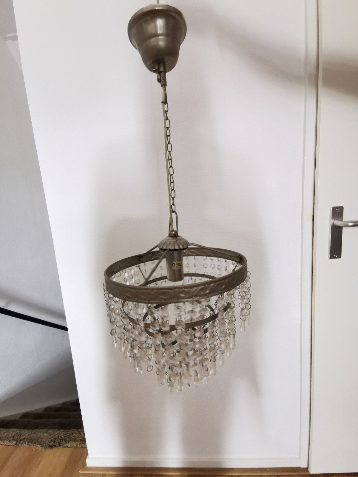 Vintage hanglamp met kristallen kralen, Gebruikt, Vintage, Klassiek, Glas, E27 (groot)