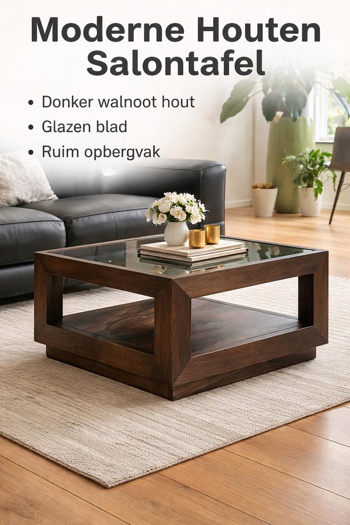 Nieuwe walnoot houten salontafel met glazenblad, Zo goed als nieuw, Minder dan 50 cm, Rechthoekig, 50 tot 100 cm