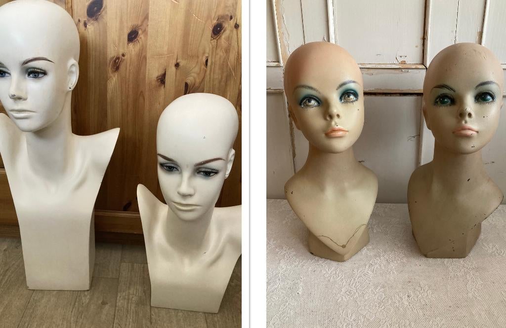4x Brocante hoofdbuste - mannequin hoofd - hoedenhoofd, Meerkleurig, ---, Kunststof, Ophalen of Verzenden