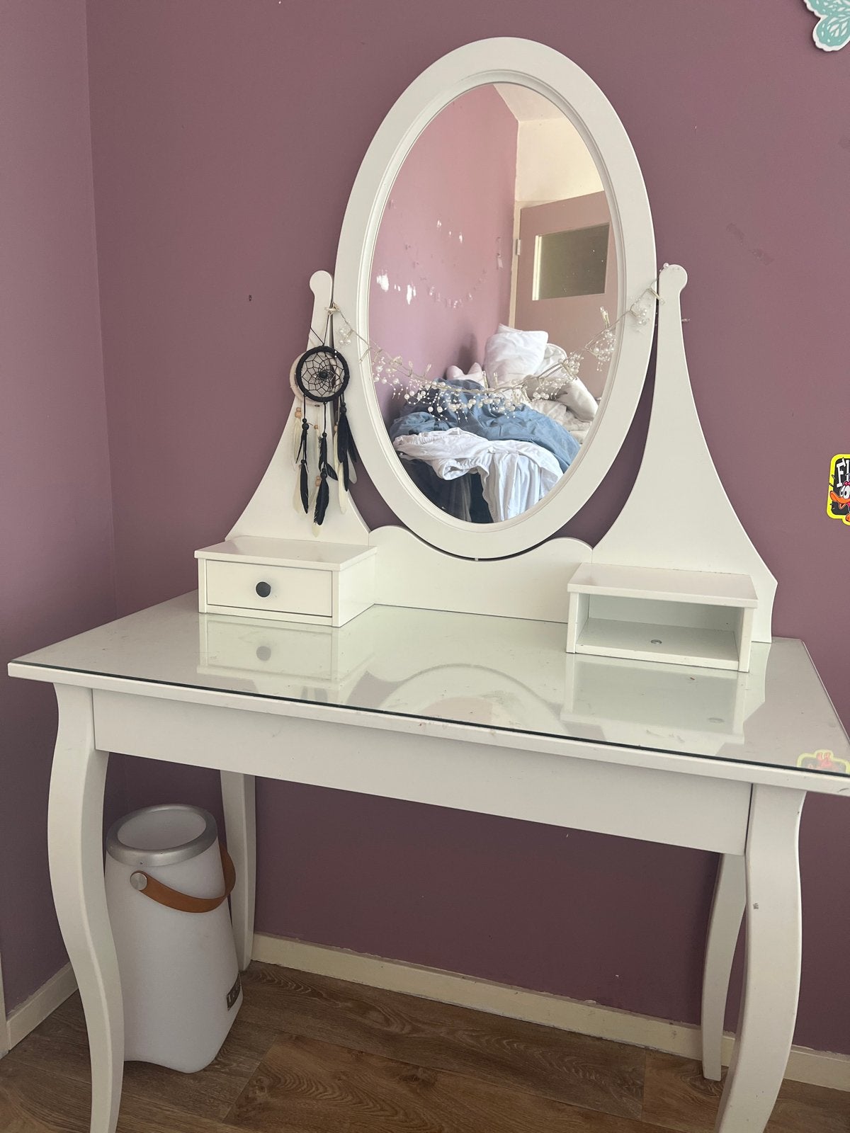 Witte make up tafel met spiegel en lades, 100 tot 150 cm, Zo goed als nieuw, Hout, 50 tot 100 cm