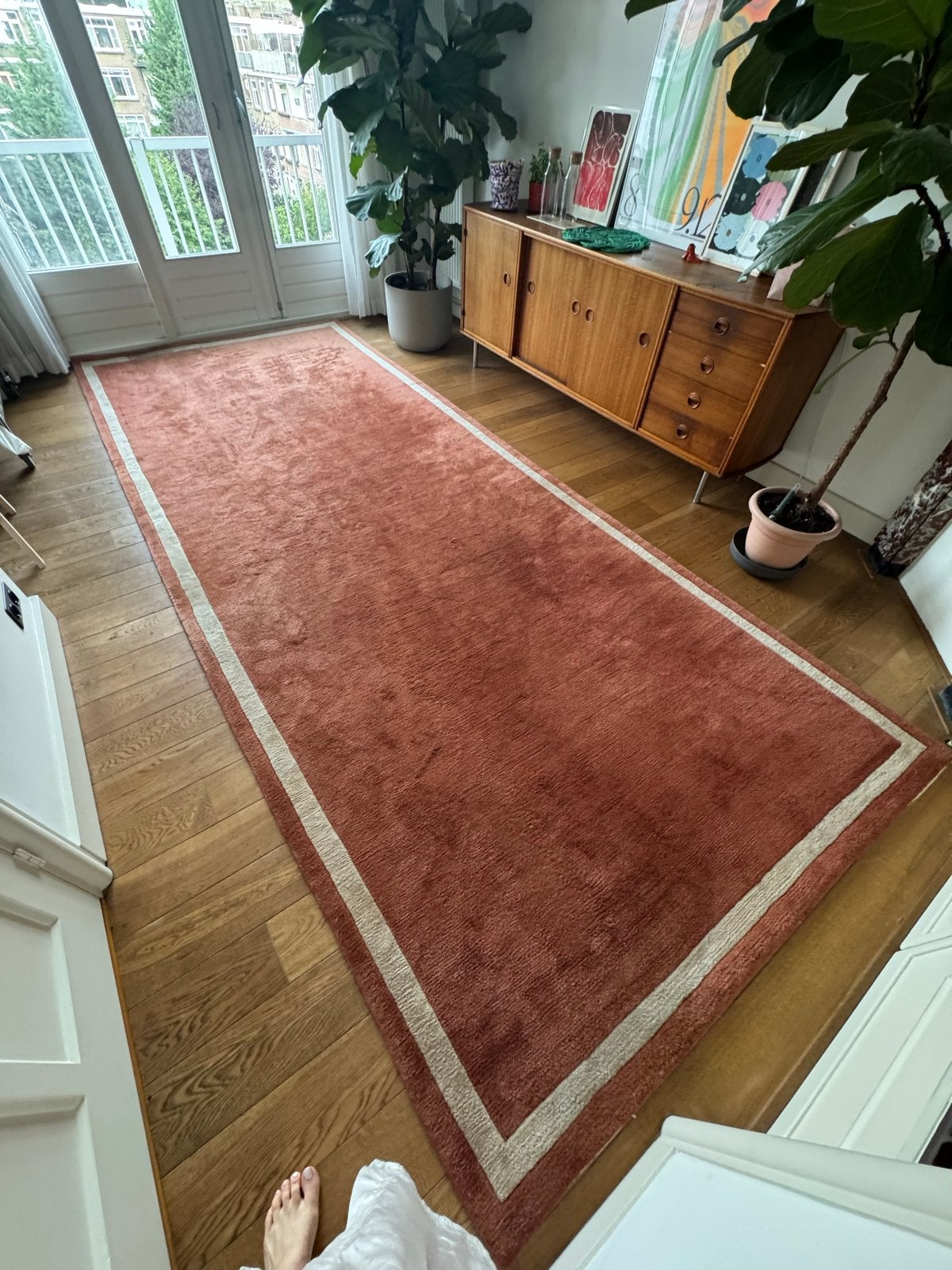 Handgeknoopt Nepalees tapijt - Terracotta met beige rand, Ophalen, Gebruikt, Rood, 150 tot 200 cm