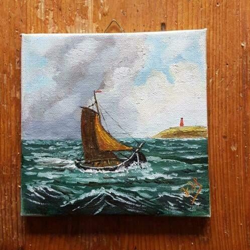Olieverf op doek platbodem op zee J. Hogendijk IJmuiden., Antiek en Kunst, Kunst | Schilderijen | Klassiek, Ophalen
