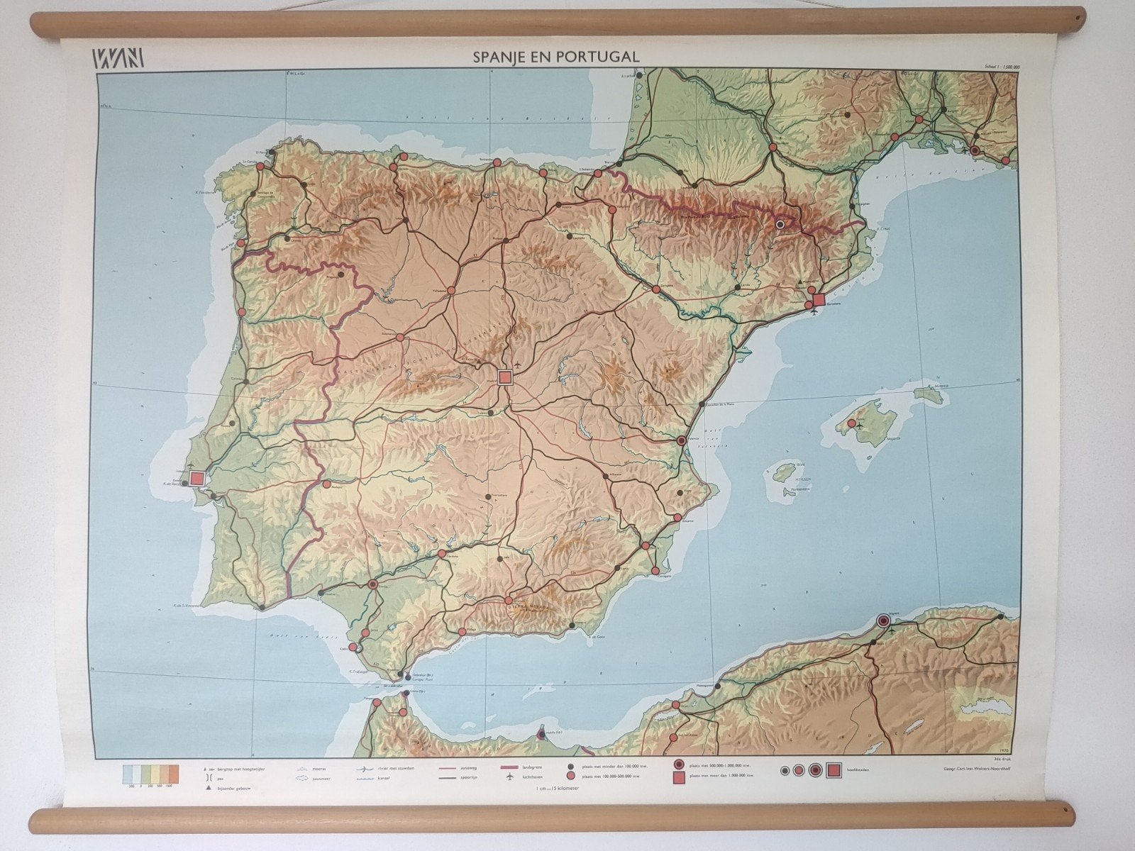 Spanje en Portugal (oude schoolkaart) 85x108cm, Ophalen, Aardrijkskunde