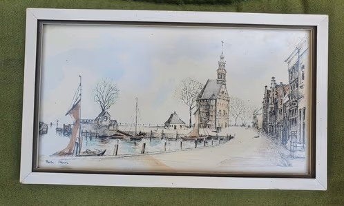 Prent Haven Hoorn in lijstje achter glas, Antiek en Kunst, Ophalen