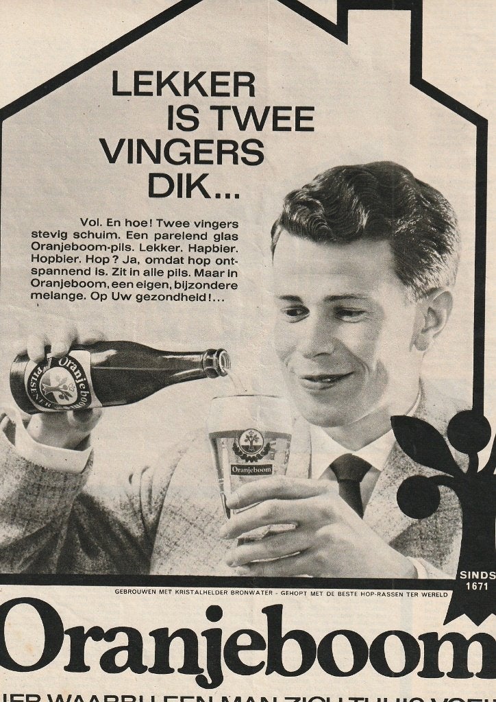 retro reclame 1963 Oranjeboom bier twee vingers dik, Verzenden, Overige typen