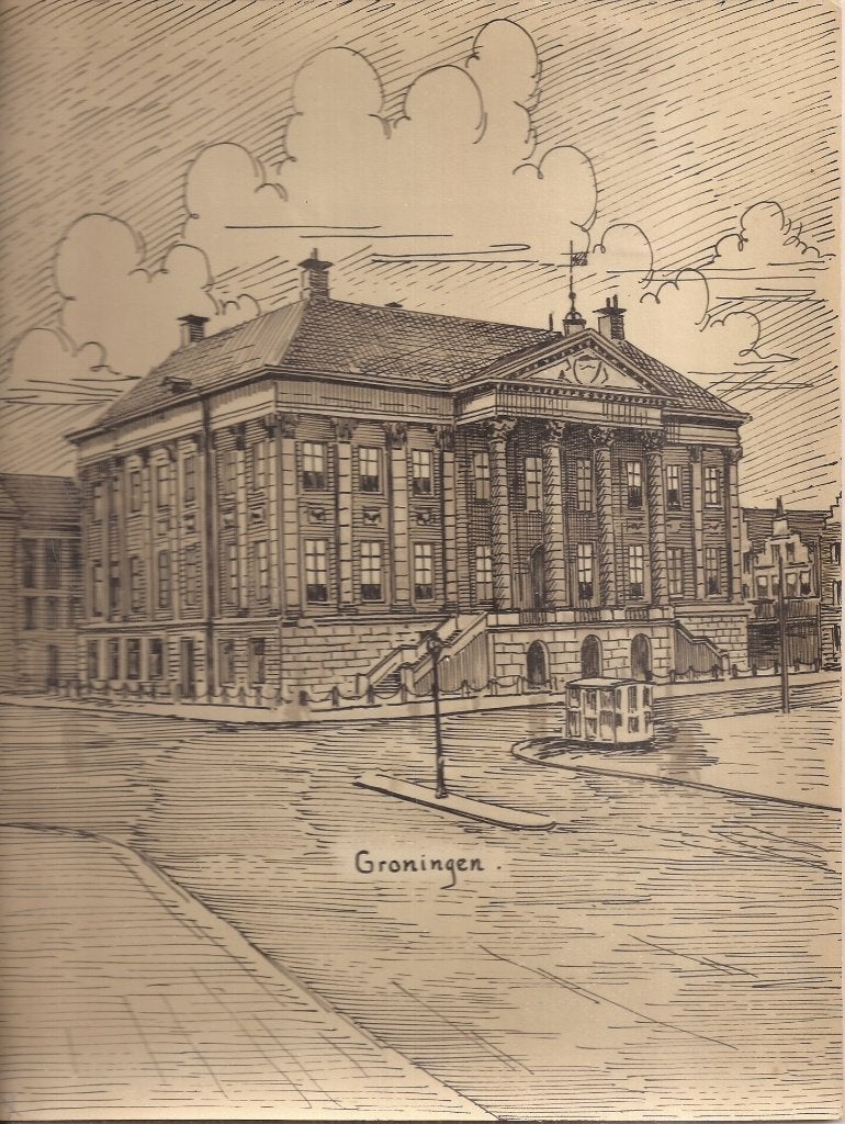 Groningen Stadhuis Grote Markt Tekening Sievers 1948, Antiek en Kunst, Ophalen of Verzenden, Tekening, Pentekening, Handgemaakt