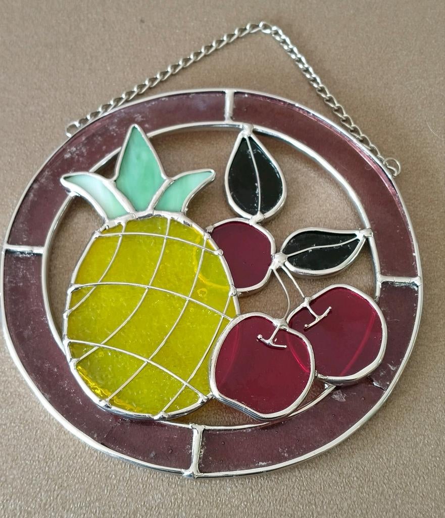 🍍🍒GLAS IN LOOD RAAM HANGER ANANAS KERSEN*FRUIT*SUNCATHER, Verzenden, Gebruikt, Glas