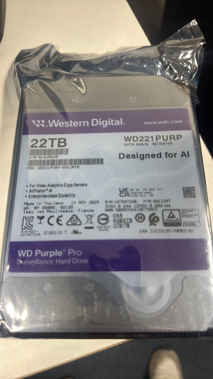 WD purple 22tb nieuw in seal, Computers en Software, Intern, Nieuw, Ophalen of Verzenden, Desktop