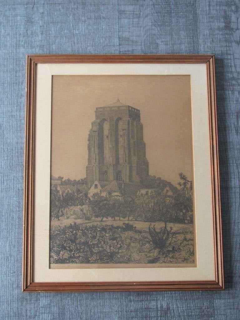 Arend Hendriks - Sint Lievens Monstertoren in Zierikzee, Ets, Stadsgezicht, Ophalen of Verzenden, 32 cm