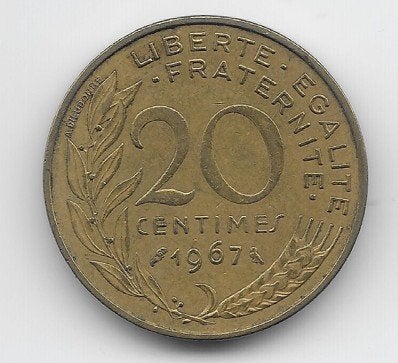 Frankrijk 20 centimes 1967 KM# 930, Verzenden, Frankrijk, Losse munt