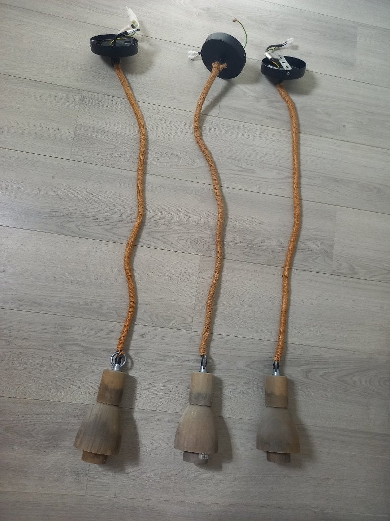 3 Houten Pendellampen / Lampen Met Touw, Ophalen of Verzenden, Zo goed als nieuw, Hout