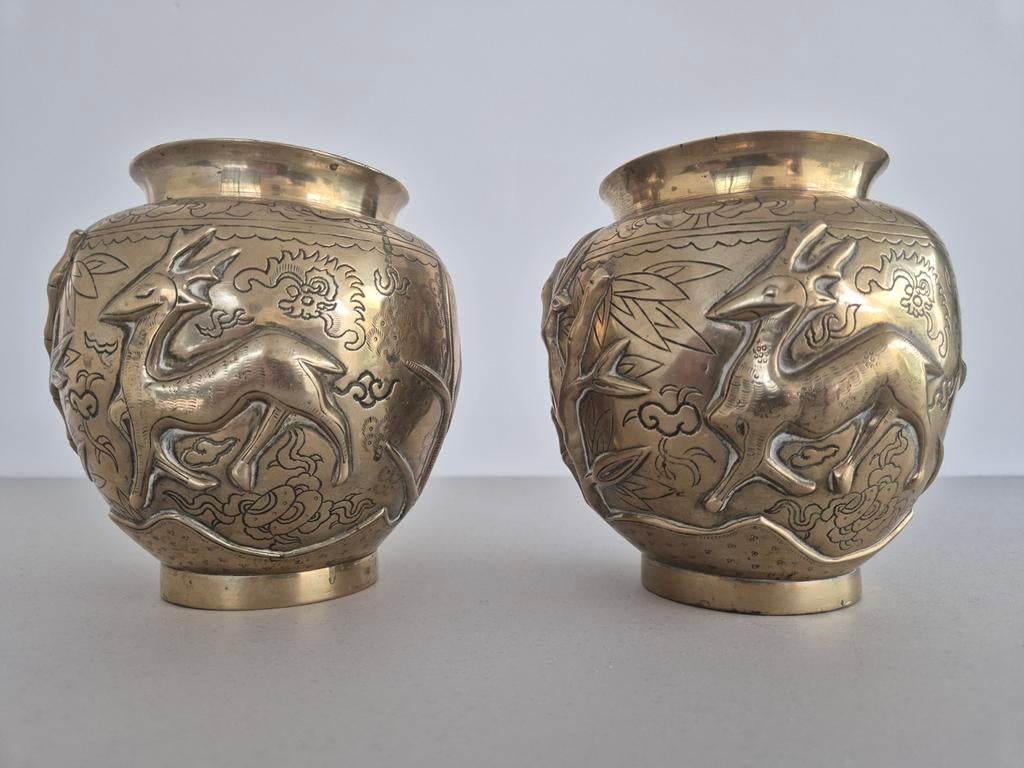 Set van 2 Antieke Chinese Bronzen Vazen met Reliëfdecoratie, Ophalen of Verzenden