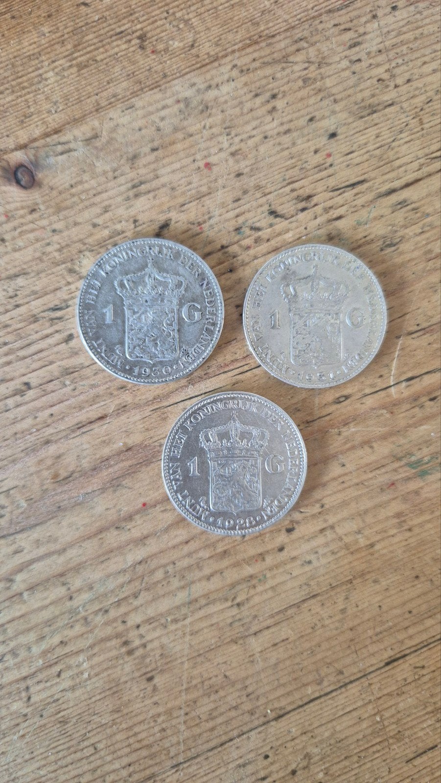 3 zilveren guldens uit 1928, 1930 en 1931, Ophalen of Verzenden
