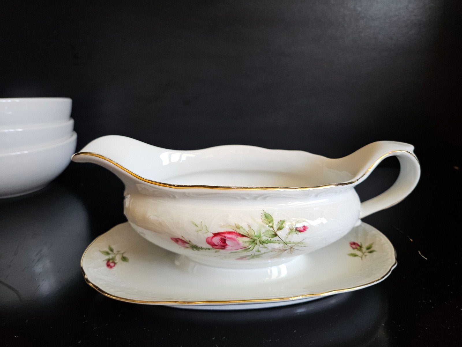 Antieke Sauskom met Schotel - Porselein met Rozen en Goud, Antiek en Kunst, Antiek | Servies los, Ophalen of Verzenden