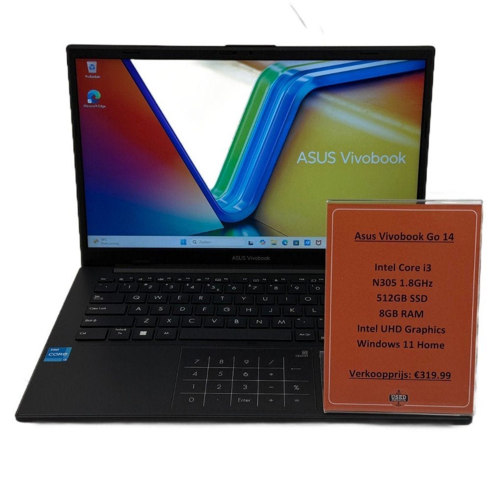 Asus Vivobook Go 14 Laptop | i3-N305 512GB SSD 8GB RAM, Met videokaart, 2 tot 3 Ghz, Qwerty, 14 inch