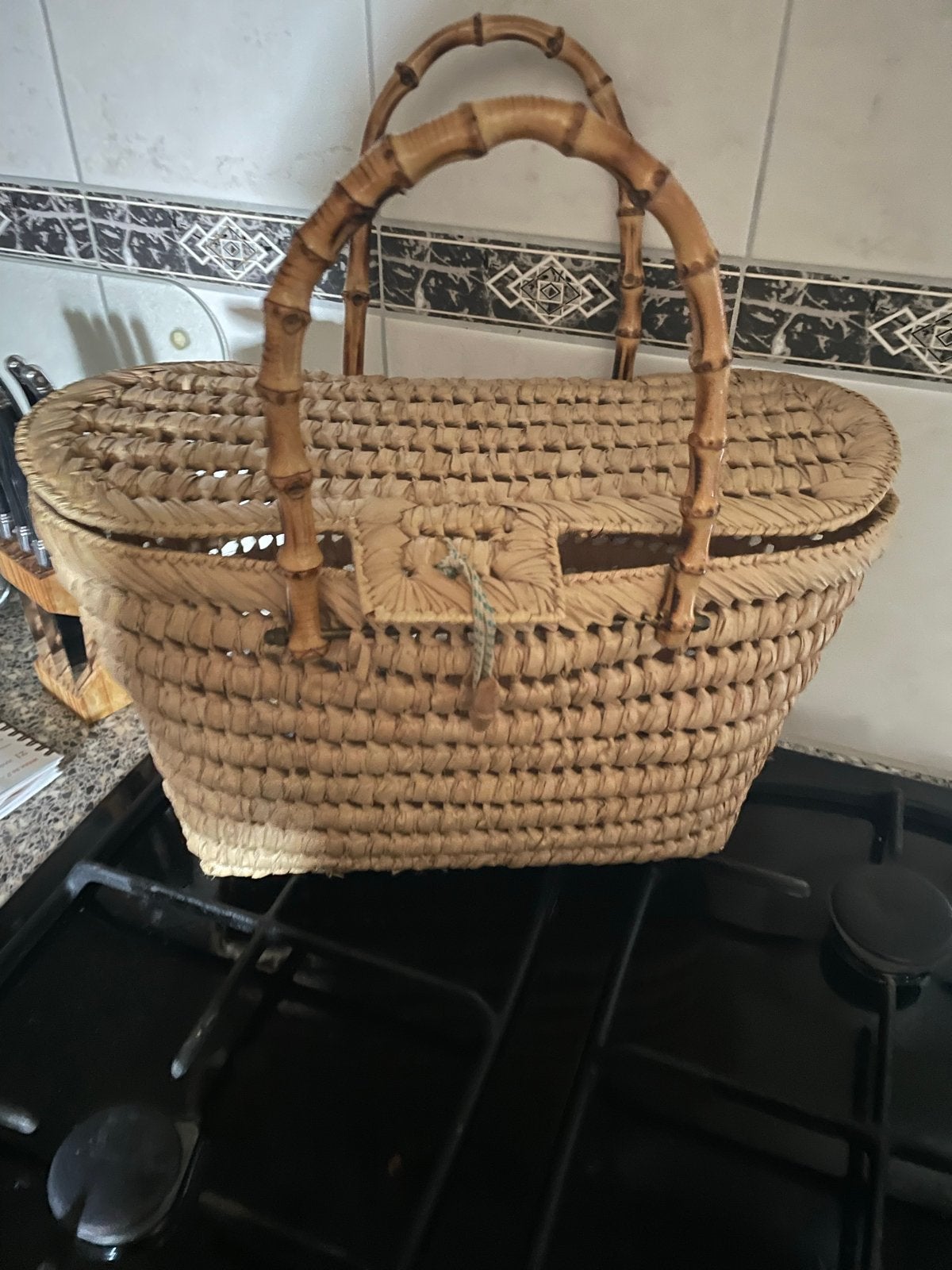 Vintage rieten handwerktas met bamboe handvatten, Ophalen of Verzenden, Gebruikt, Zonder inhoud