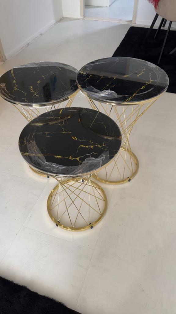 Set van 3 nieuwe salontafels - Zwart marmerlook met goud, Ophalen of Verzenden, Nieuw, Rond, Metaal of Aluminium