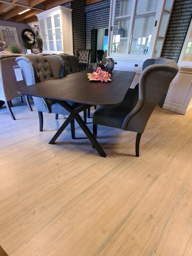 ACTIE Landelijke Eetkamerbank 150 + 2 Stoelen Antraciet (17), Nieuw, Vijf, Zes of meer stoelen, Landelijke eetkamerstoelen eetkamerbank stof ranch antraciet