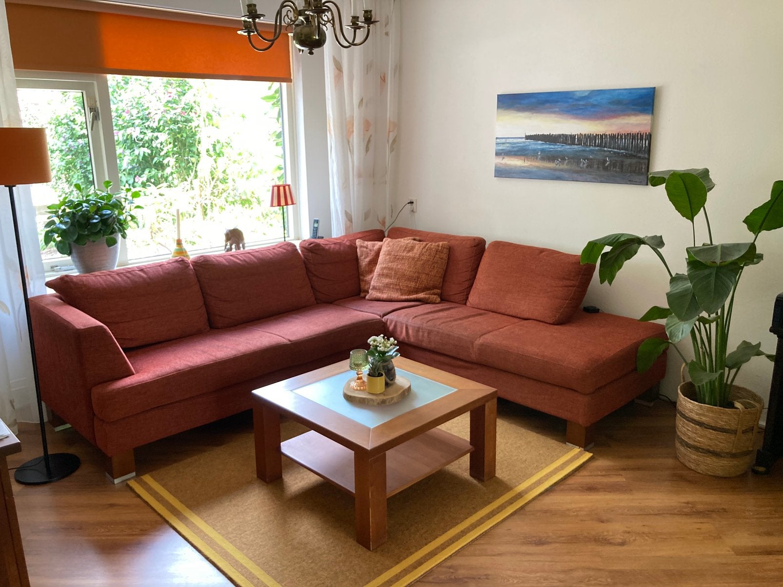 Rood-oranje hoekbank ‘Montel’, Ophalen, Gebruikt, Stof, Modern