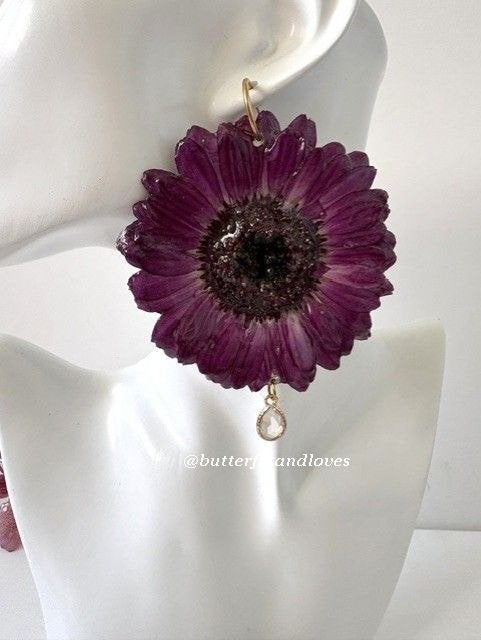Statement grote echte Gerbera oorbellen met RVS haakjes, Ophalen, Overige materialen, Hangers, Paars