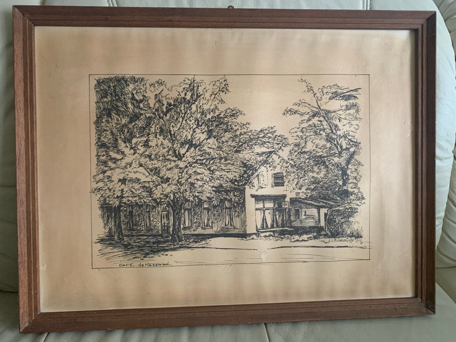 Ingelijste tekening van een huis met bomen, Antiek en Kunst, Ophalen, Tekening, Pentekening, Ingelijst