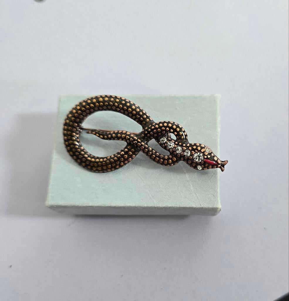 Vintage Slangen Broche met Strass Steentjes, Overige materialen, 4 tot 7 cm, Gebruikt, Bruin