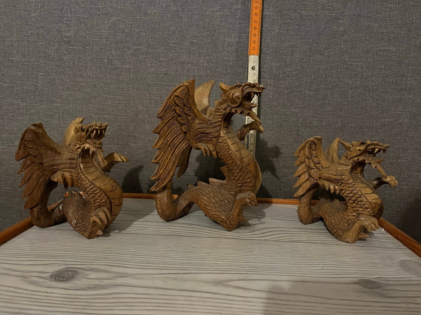 Set van 3 handgesneden houten drakenbeelden, Verzamelen, Ophalen, Gebruikt, Fantasy