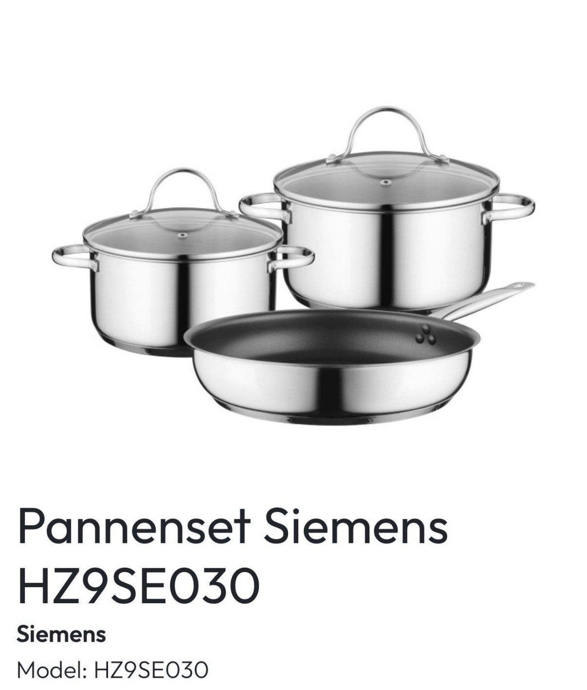 Siemens Pannenset HZ9SE030 - Nieuw - RVS met glazen deksels, Met deksel, Nieuw, Pannenset, Ophalen of Verzenden