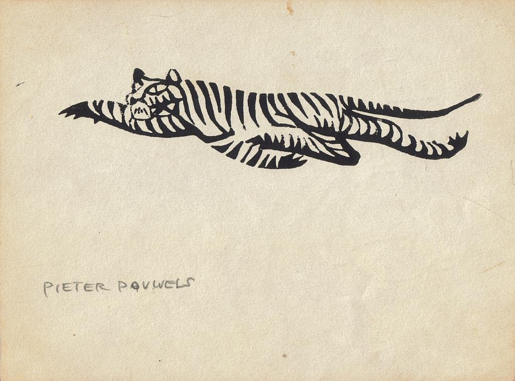 Pieter Pouwels linosnede "Vliegende Tijger", Ophalen, Overige technieken, Flora en Fauna, Origineel