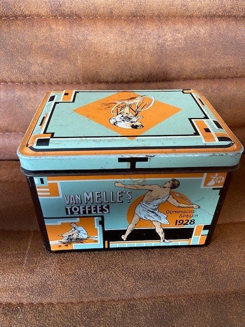 Melle's Toffees Art-Deco blik olympische spelen 1928, Ophalen of Verzenden, Gebruikt, Overige, Overige merken