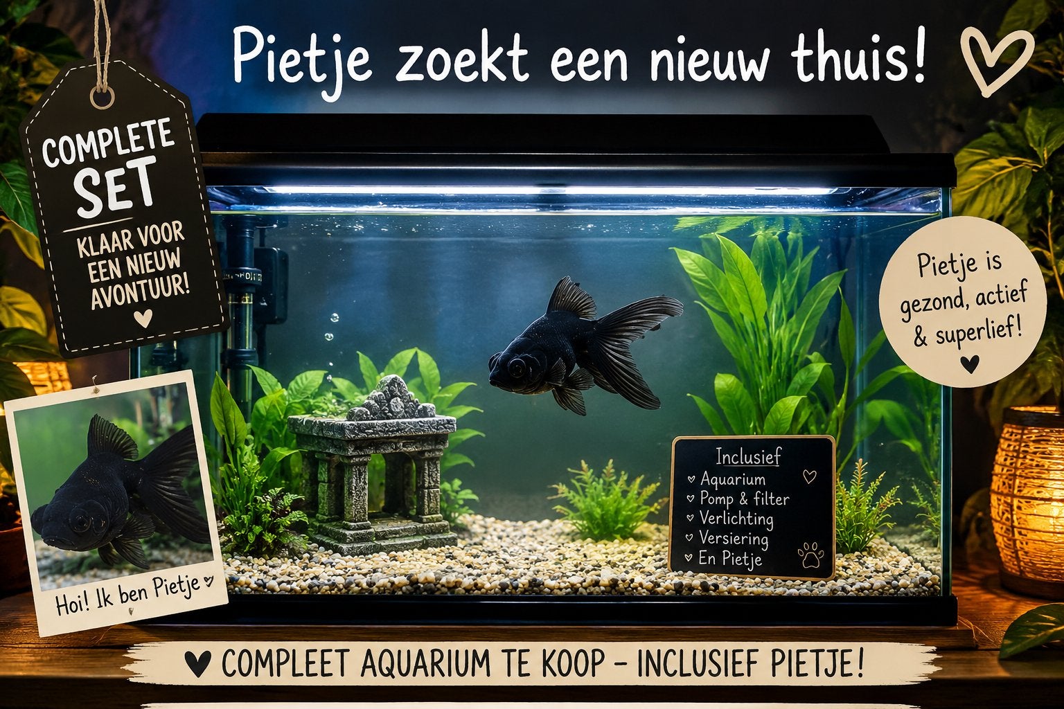 Pietje zoekt nieuw thuis. Aquarium aangeboden!, Ophalen, Zo goed als nieuw, Gevuld zoetwateraquarium, Superfish