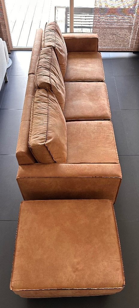 SVEN Butterfly Bank, vijfzits + hocker, microleder cognac, Huis en Inrichting, Ophalen, 250 tot 300 cm, Overige maten, Zo goed als nieuw