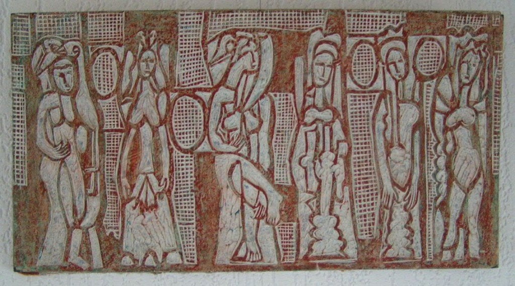 H. Bekman "vrouwen" Linoleum uitsnede (etsplaat) NHS, Antiek en Kunst, Overige typen, Rood, Ophalen of Verzenden, 20 - 50 cm