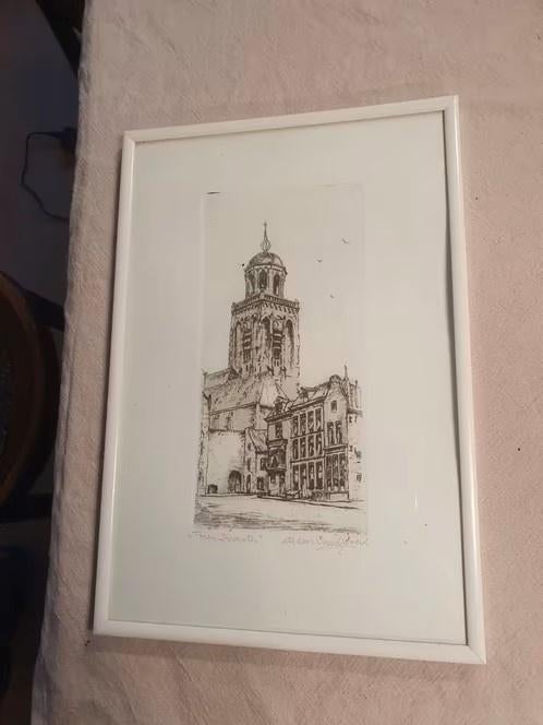 Ets Toren Deventer C.M. v. d. Woerd., Antiek en Kunst, Kunst | Etsen en Gravures, Ophalen