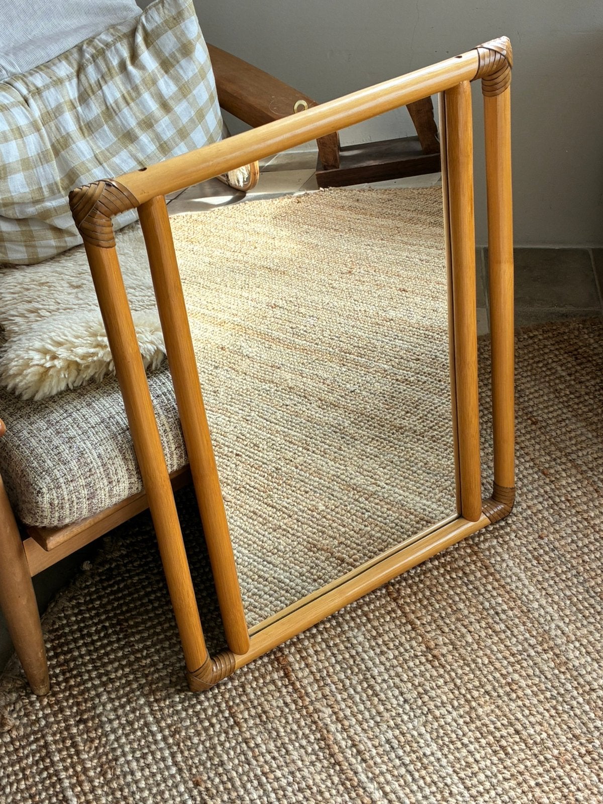 Unieke vintage rotan grote spiegel, Ophalen, Gebruikt, Minder dan 100 cm, Rechthoekig