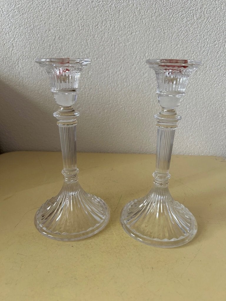 Vintage kristallen kandelaren set van 2 ribbed glas, Ophalen of Verzenden