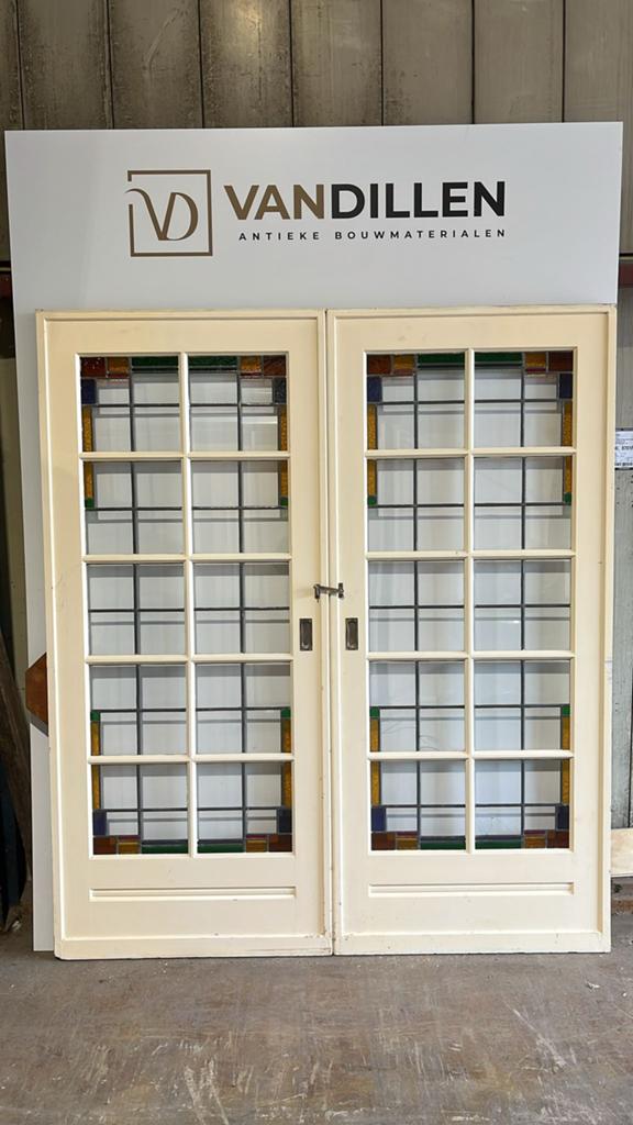 Antieke ensuite schuifdeuren glas in lood 213.5 x 92.5, 120 cm of meer, Binnendeur, Ophalen of Verzenden, Schuifdeur