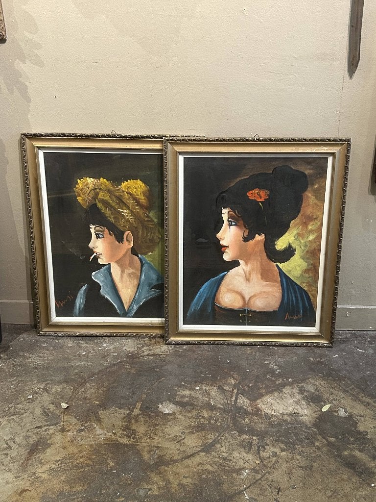 Set van 2 vintage portretten (jaren 50/60) originele lijsten, Ophalen of Verzenden, Gesigneerd, Olieverf, Portret